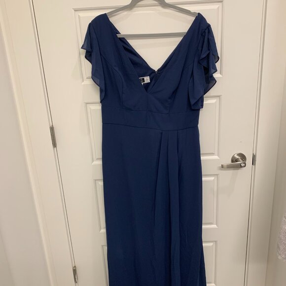 David's Bridal Flutter Sleeve Chiffon V-Neck Dress in Marine - Picture 2 of 5